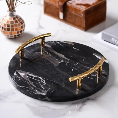 Luxtry Home Soft Decor Accessories Natural Black Marble Round Storage Tray Modern Villa Hotel Living Room Cup Dim Sum Tea Tray