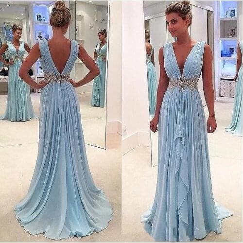 Sky Blue Prom Dresses A-line V-neck Chiffon Beaded Backless Dubai Saudi Arabic Long Robe De Soiree Prom Gown Evening Dresses
