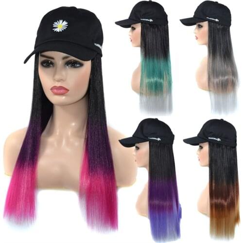 Synthetic Black Baseball Cap Straight Wigs For Women 24 Inch Long Ombre Color Hair With Adjustable Hat
