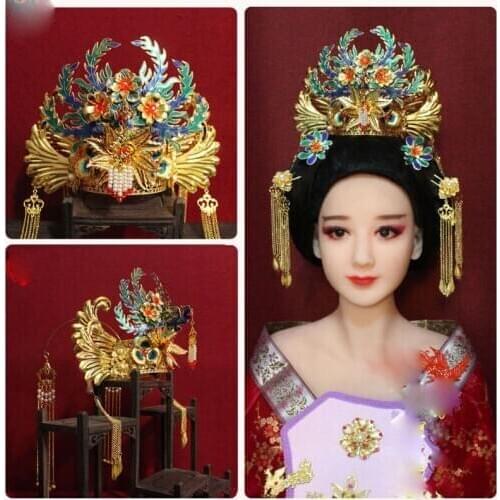 Ancient Chinese Empress Princess Vintage Cloisonne Phoenix Tiara Hair Crown Stage Dance Performance TV Play Hair Accessory