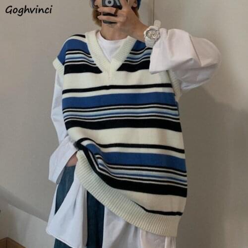 Oversize Striped Sweater Vest Women Preppy Couples Loose Sleeveless V-neck Knitting Tops Harajuku Autumn Ulzzang Jumpers Retro