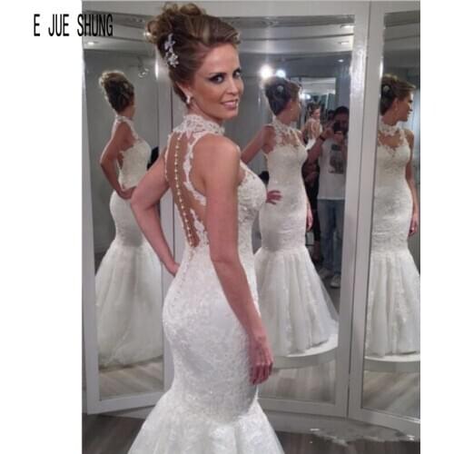 E JUE SHUNG Vintage Sleeveless Mermaid Wedding Dresses High Collar Button Back Lace Appliques Bridal Gowns robe de mariee