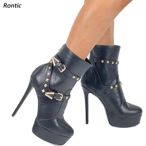 Rontic Handmade Women Winter Platform Ankle Boots Studs Back Zipper Stiletto Heels Round Toe Black Night Club Shoes US Size 5-20