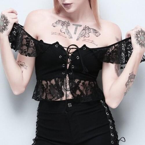Hot Sexy Black Hollow Out Floral Lace Slash Neck Short Sleeves Front Lace Up Gothic Clothes Vintage Top Women Party Club Wear