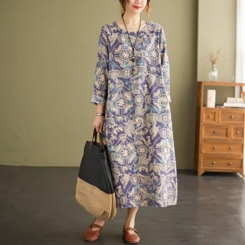 Robes Vestidos Cotton Linen Dresses Long Sleeved 2021 Autumn Vintage O-neck Print Loose Female A-line Long Dresses Pockets Retro