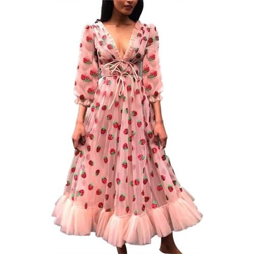 Women’s Fashion Strawberry Sequin Dress Short or Long Sleeve V-neck Hight Waist Slim Fit A-line Dress