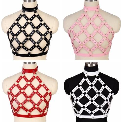 Gothic Harajuku Sexy Leather Patchwork Chest Grid Harness Bra Fetish Erotic Lingerie Tassel Belt Bdsm Body Bondage Belt Tops