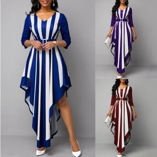 Women Stylish V Neck 3/4 Sleeve Vertical Stripes Irregular Hem Belt Long Party Dress