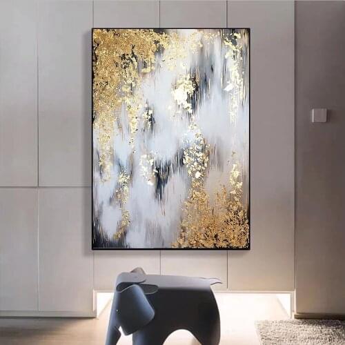 Golden Oil Painting For Living Room Abstract Wall Art Golden Tree Poster and Print Living Room Abstract Gold Leaf Home Decor