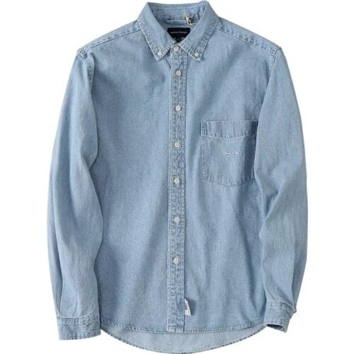 2021 High Quality European Size Loose Casual Light Blue Spring Autumn Long Sleeve Plain Jean Jackets Unisex Denim Shirts for Men