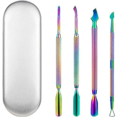 4 Pcs/Set Double-head Stainless Steel Nail Cuticle Pusher Tweezer Nail Art Files Polish Remove Manicure Care Groove Clean Tools