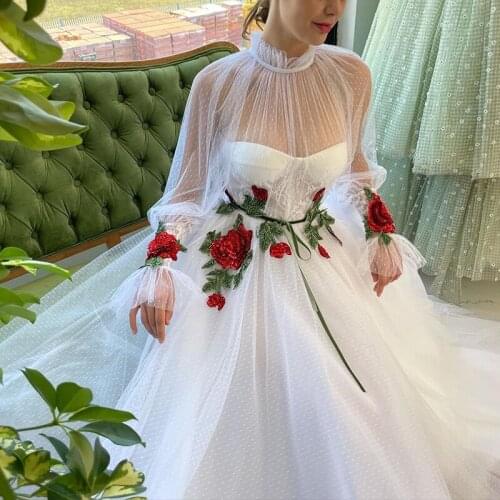Eightree White Wedding Dresses Elegant Beach Boho High Neck Princess Bridal Dress Appliques A-Line Plus Size Long Wedding Gowns