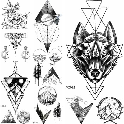 Black Wolf Temporary Tattoos Sticker Fake DIY Geometric Mountain Flower Planets Tatoos Fashion Body Art Arm Tatoos For Women Men