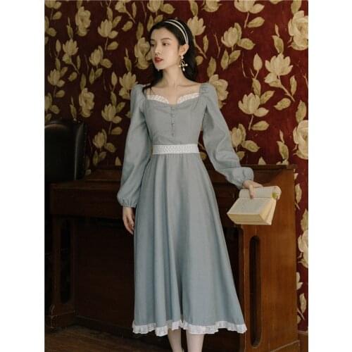 Fairy Princess Sweet Dress Fall Classical Temperament Lace Bandage Elegant Square Collar French Puff Sleeve Blue Gentle Dresses