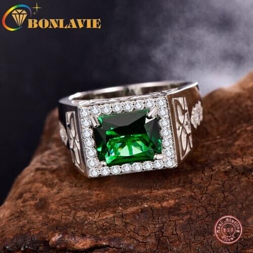 BONLAVIE 925 Sterling Silver Ring Green Zircon Ring for Wedding and Engagement Jewelry Gift Mens Ring