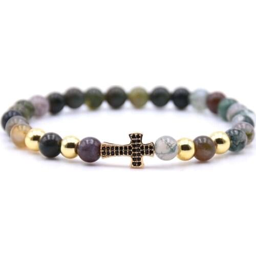 CZ Charm Bracelet Mens Cross Handmade Elastic Bangle 6MM Natural Mineral Stone Bead Bracelet Women Kunsite Pulseras