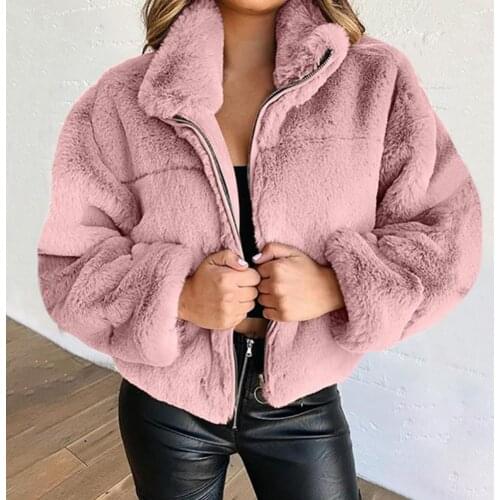 Women Coat Solid Color Zipper Faux Fur Warm Lapel Long Sleeve Jacket for Daily Wear