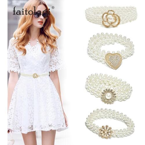 Summer Pearl Ladies Dress Belt Elegant Flower Heart Women Waist Belt Elastic Chain Female Belt Girls Crystal Strap Waistband