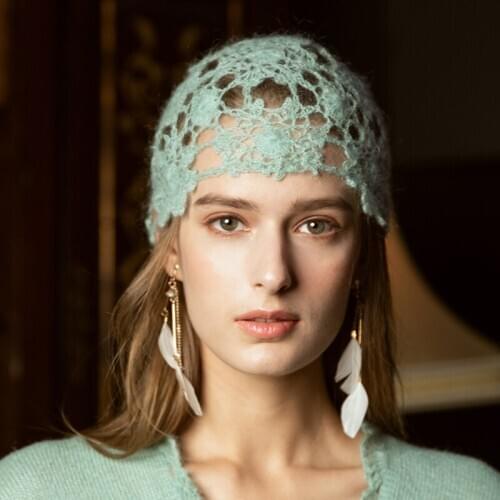 X037 Adult Hand-Woven Wool Hats Breathable Woolen Cap Autumn Flower Knitted Hollow-out All-match Hood Green Hats Adjust