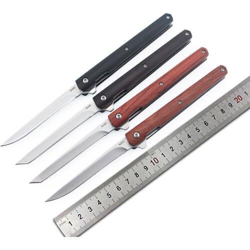 Folding Knife Outdoor Survival Tactical Pocket Knife Wood Handle Camping Hiking Hunting Knives with Leather Sheath EDC Tools