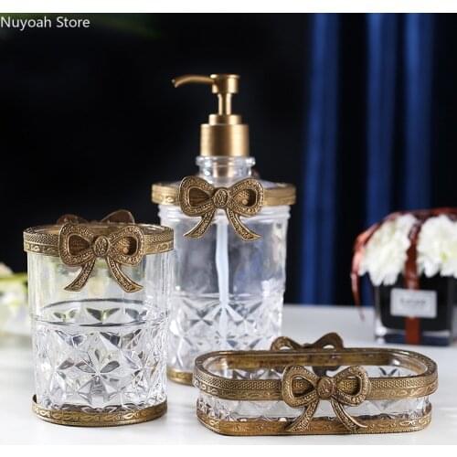 Retro Glass Brass Bathroom Supplies Lotion Bottle Soap Dish Storage Cup Handicraft Luxury Bathroom Decoration Accessories