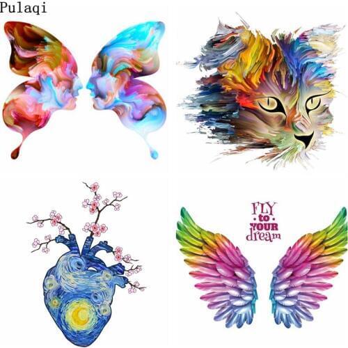 DIY Pulaqi Colorful Skull Wings Iron on Transfer Patches Stripe for Clothes Thermal Sticker on Clothes Patch Heat Transfer Vinyl