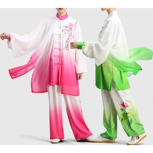 Unisex 3pcs/set Tai chi uniforms taijiquan suits veil embroidery Lotus wushu martial arts clothing gradient green/pink