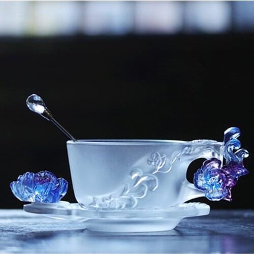 Gorgeous Luxury Ancient Glass Afternoon Tea Coffee Cup Colored Glaze Saucer Set Peony Flower Mug Crystal Business Tableware Gift