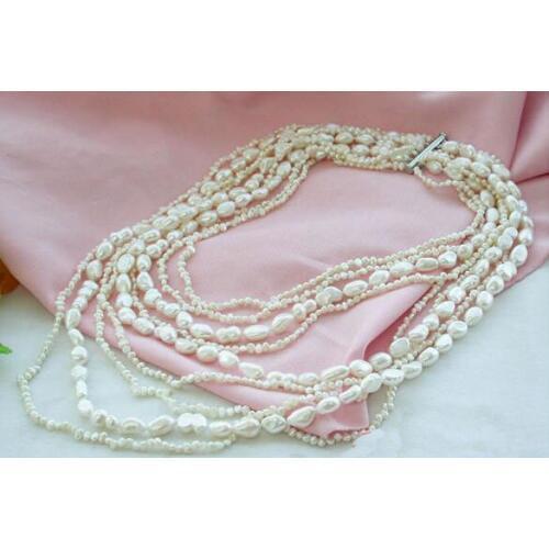 Perfect Handmade Luck Jewellery,10Rows 17''-29inches White Baroque Freshwater Cultured Pearl Necklace,Charming Women Party Gift