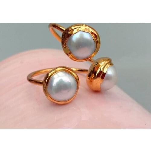 Y·YING Natural Freshwater Pearl With Gold color Bezel Tiny Pearl Finger Rings For Women Gift Adjustable