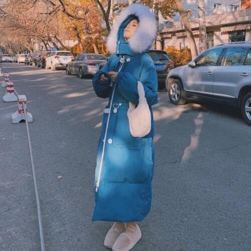 Womens Cotton-padded Jacket Winter New Lengthened Korean Loose Coat Down Material Blue Hooded Big Fur Collar Long Coat Female