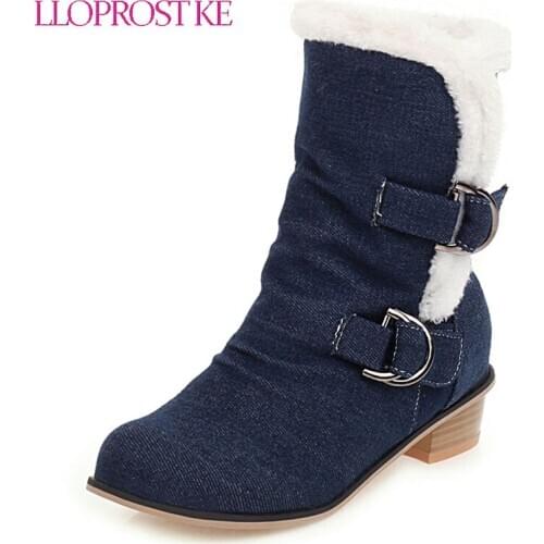 Lloprost ke 2020 Big Size 34-48 Square Heels Ankle Boots Denim Keep Warm Plush Add Fur Winter Shoes Woman Snow Boots Female