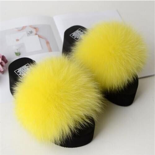 Womens Winter Furry Mules Shoes Home Warm Plush Slippers Striped Real Fox Fur Wedge Sandals Woman fur Slides Ladies Flip Flops