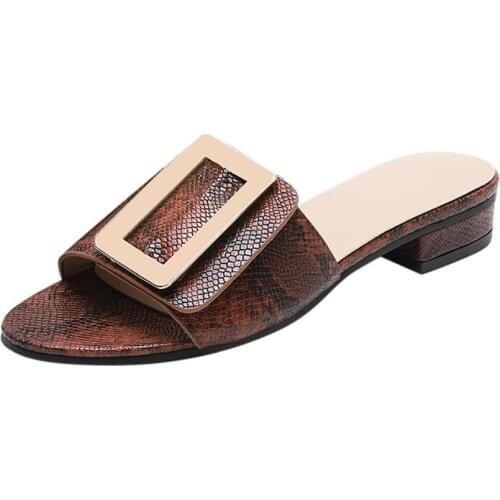 Women Buckles Flat shoes ladies slippers Snake printed Peep Toe Slippers Hoof Heels Elegant Shoes Slippers