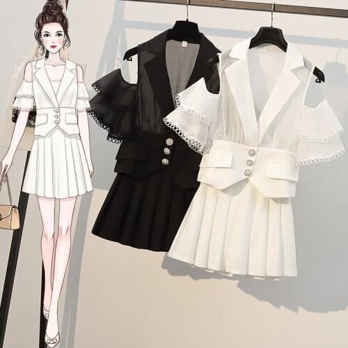 Elegant 2 Piece Sets Female 2021 Summer Chic Design Strapless Lace Patchwork Pearl Button Chiffon Shirt + Pleated Skirt Outfits