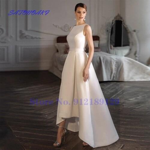 Vestidos De Novia 2021 Elegant Satin Wedding Dress Scoop Neck Sleeveless Backless Hi-Low Bridal Gown Aliexpress France Sukienka
