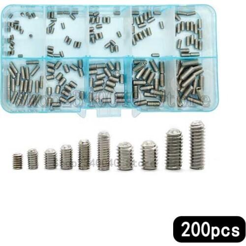 200Pcs/set M2.5 M3 M4 304 Stainless Hex Socket Set Point Screws Hexagon Socket Set Screws Headless