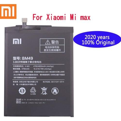 100% Xiaomi Mi Max Original Phone Battery BM49 4850mAh For Xiaomi Mi Max Batteries Li-Polymer Phone Replacement Batteries