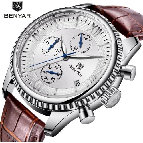 BENYAR White Silver Genuine Leather Quartz Watch Waterproof Luminous Top Brand Luxury Wrist Watch Male Sport Business Date Clock