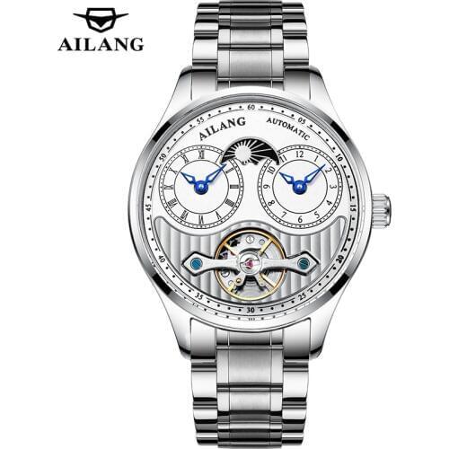 AILANG Original Tourbillon Mechanical Two time Watches Mens Waterproof Watch Luxury Men Automatic Clock Stainless Steel Strap