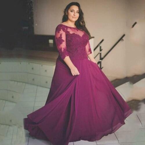 Purple Plus Size Wedding Guest Gowns Evening Party Dresses Scoop Neck 3/4 Sleeves Chiffon Long Mother of The Bride Dress