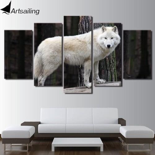 HD printed 5 piece canvas art white forest wolf staring painting wall pictures for living room modern free shipping CU-2020A