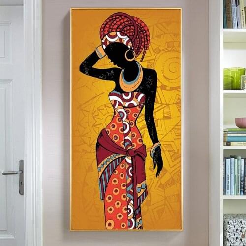 Black Woman Canvas Oil Painting Abstract Art Orange African Tribal Lady Poster Wall Art Picture for Living Room Home Decor