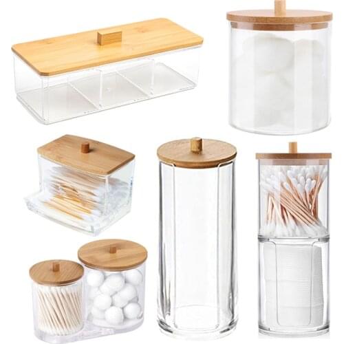 Makeup Cotton Pads Swab Storage Bin Cosmetics Jewelry Makeup Remover Pad Container With Wooden Lid Cosmetics Organizer Box Jars