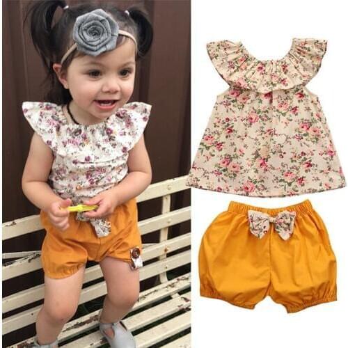 Cute 2PCS Toddler Kids Clothes Set 2017 Summer Floral Baby Girls Blusa Tops+ Bow Hot Pant Bottom Outfits Children Clothes 0-3Y