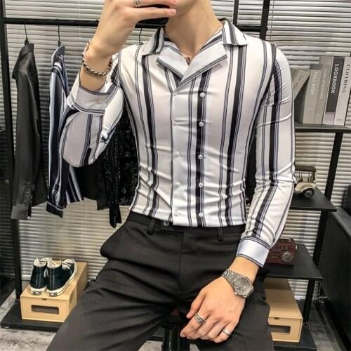 High Quality Spring New 2021 Long Sleeve Men Striped Shirts Simple Korean Turn Down Collar Slim Fit Casual Chemise Homme 3XL-M