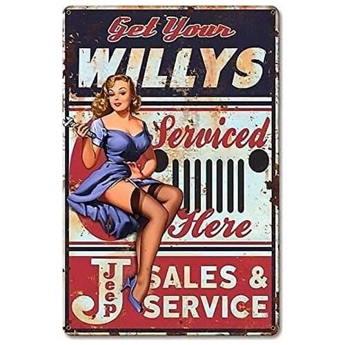 Willys Serviced Here Pin-up Girl Metal Vintage Tin Sign 8x12 Inch Wall Sign Vintage Decor For Cafe Bar Pub Retro Plaque 30x40cm
