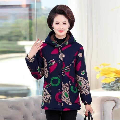 New women Winter Jackets Female National Wind Plus Cotton Velvet Thickening winter mother clothing print Parkas Hooded Coat