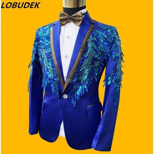 New Design Blue Sequins Blazer 2 Pieces Tuxedo Mens Suit Fashion Stage Singer Chorus Costume Host Clothing Wedding Groom Suits