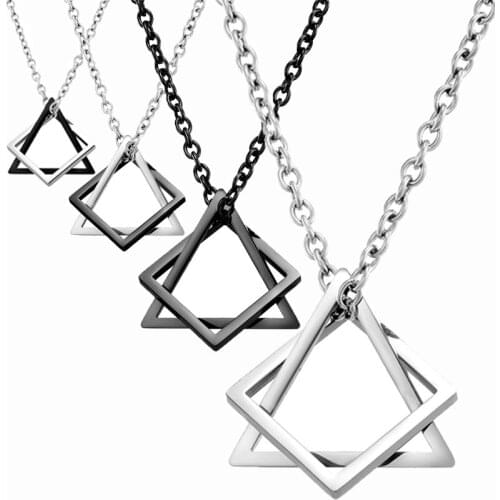 Trendy Geometric Square Triangle Combination Mens Stainless Steel Hip Hop Necklace for Men Women Couple Pendant Jewelry Gifts